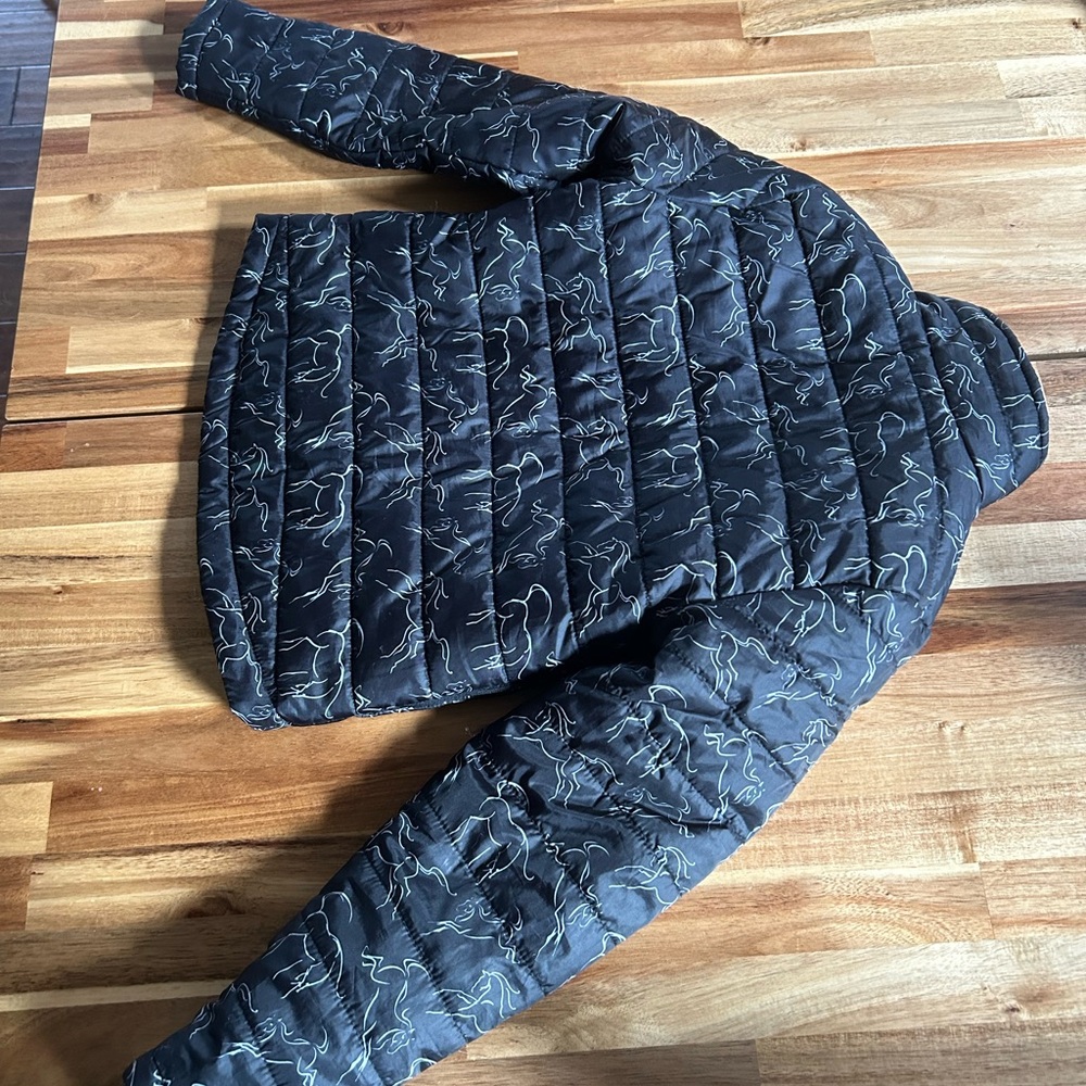 Kerrits brand black with white horses equestrian child’s puffer jacket small.